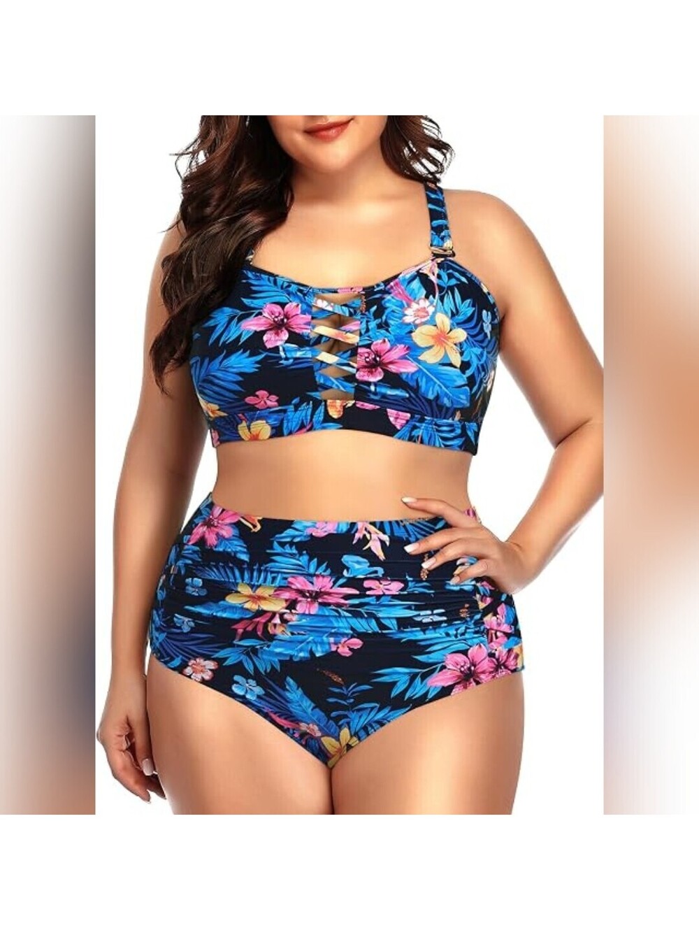 NWT Daci Two Piece High Waisted Ruched Bandeau Top Swimsuit, 16W